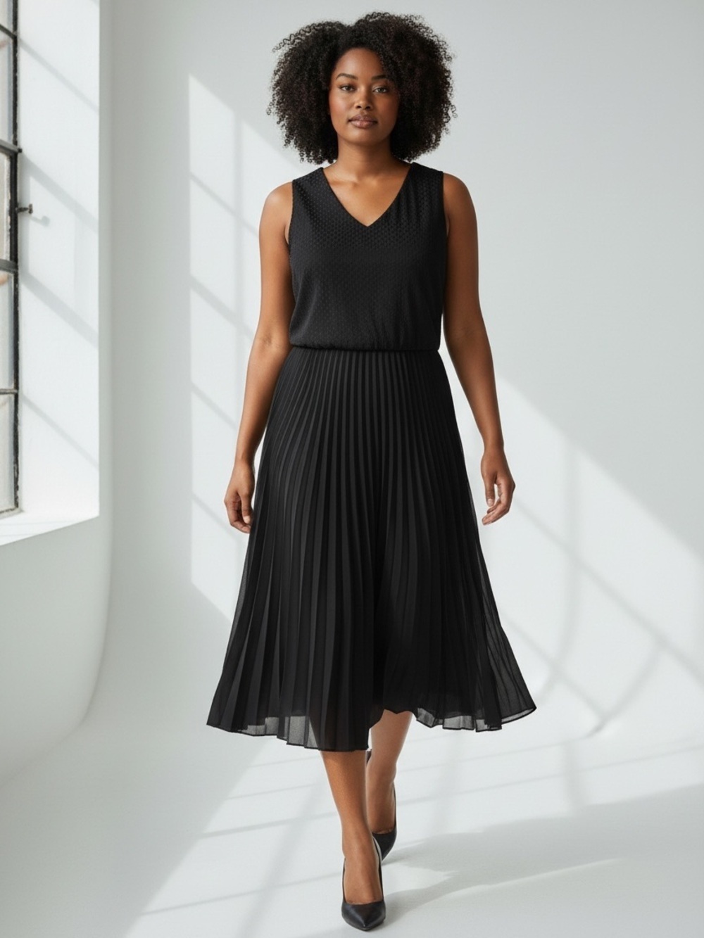 Alfani Black Sleeveless Swiss Dot Pleated Dress Size 16